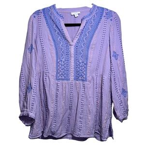 J Jill Small Lavender 100% Cotton Embroidered Boho Peasant Blouse PTP: 19.5”
